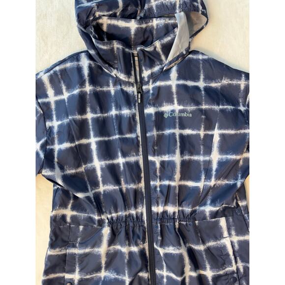 Columbia Girls Lightweight Rain Jacket Navy Blue White Print Windbreaker Coat L - Picture 2 of 8